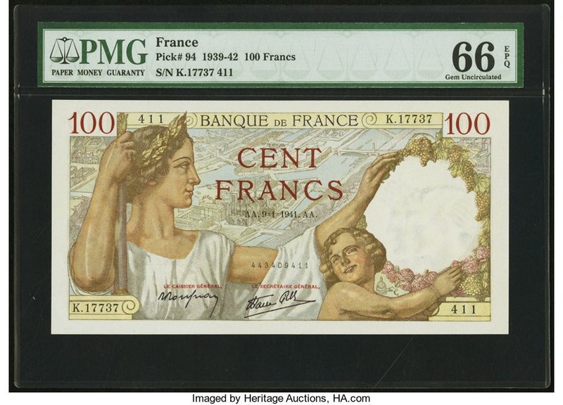 France Banque de France 100 Francs 9.1.1941 Pick 94 PMG Gem Uncirculated 66 EPQ....