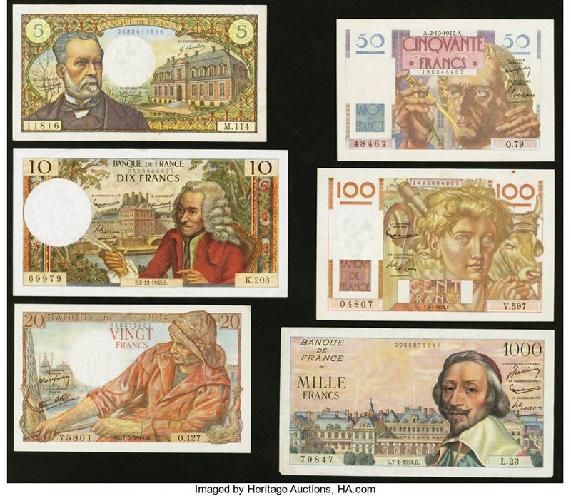 Six Notes from France Issued from the 1940s to the 1960s. Very Fine or Better. 
...