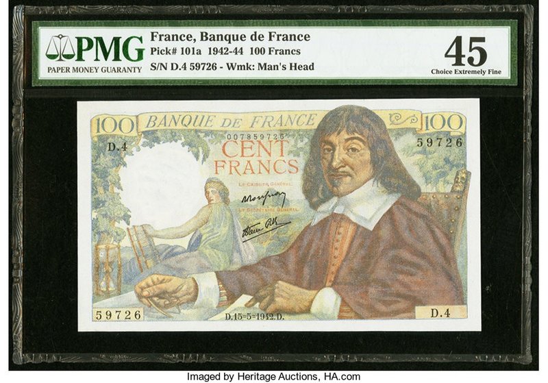 France Banque de France 100 Francs 15.5.1942 Pick 101a PMG Choice Extremely Fine...
