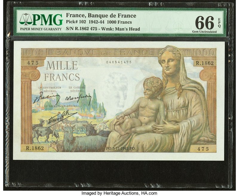 France Banque de France 1000 Francs 5.11.1942 Pick 102 PMG Gem Uncirculated 66 E...