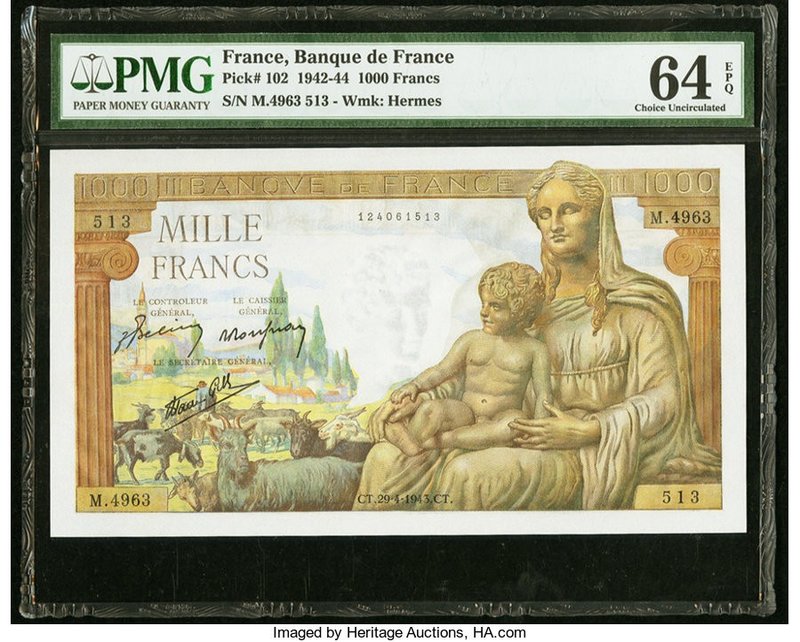 France Banque de France 1000 Francs 29.4.1943 Pick 102 PMG Choice Uncirculated 6...