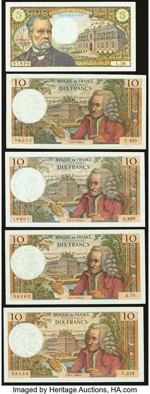 Ten Notes from France Issued from the 1950s to the 1970s. Very Fine to Crisp Unc...