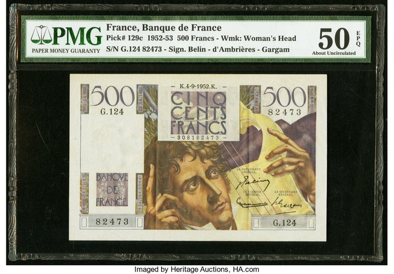 France Banque de France 500 Francs 4.9.1952 Pick 129c PMG About Uncirculated 50 ...