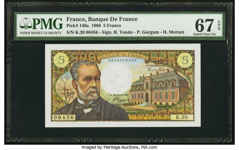 France Banque de France 5 Francs 7.7.1966 Pick 146a PMG Superb Gem Unc 67 EPQ. 
...