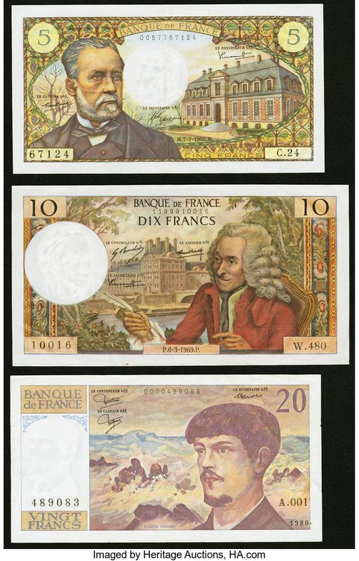 A Half Dozen Notes from France Issued from the 1960s to the 1980s. Very Fine or ...