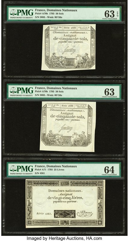 France Domaines Nationaux 50 Sols (2); 25 Livers 1793 Pick A70b (2); A71 Three E...
