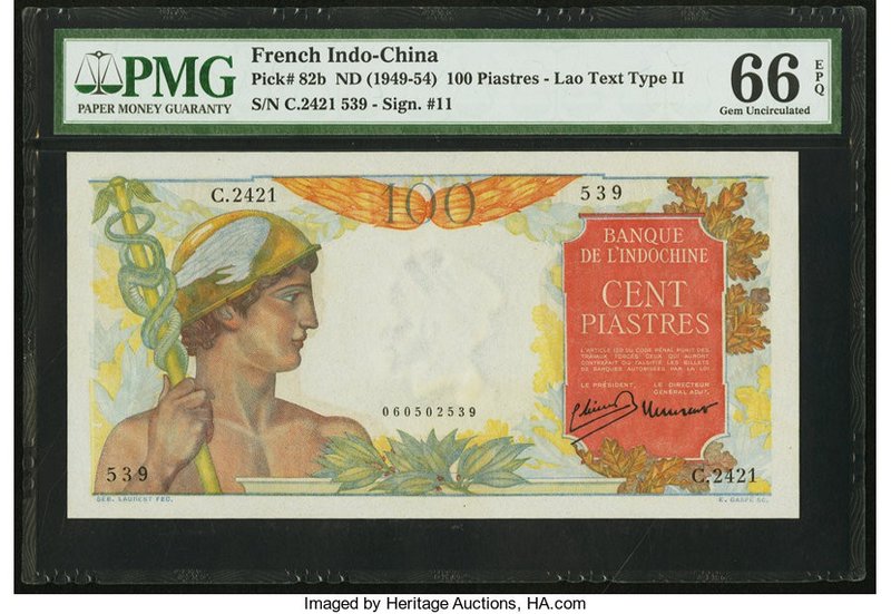 French Indochina Banque de l'Indo-Chine 100 Piastres ND (1949-54) Pick 82b PMG G...