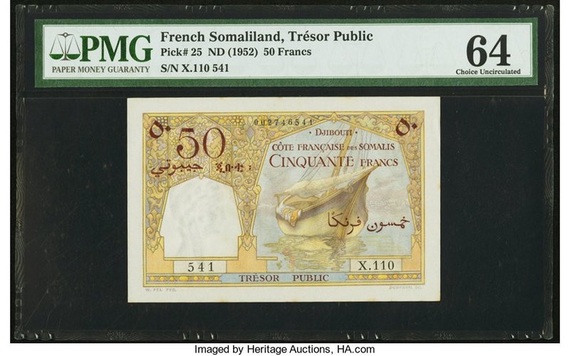 French Somaliland Tresor Public Cote Francaise 50 Francs ND (1952) Pick 25 PMG C...