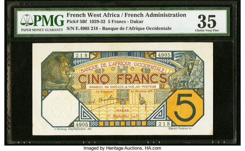 French West Africa Banque de l'Afrique Occidentale 5 Francs 1.9.1932 Pick 5Bf PM...