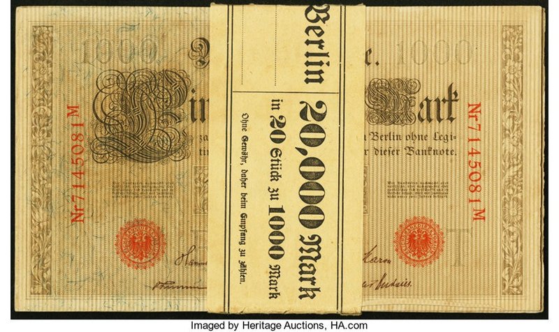 Germany Reichsbanknote 1000 Mark 21.4.1910 Pick 45b, Twenty Consecutive Examples...