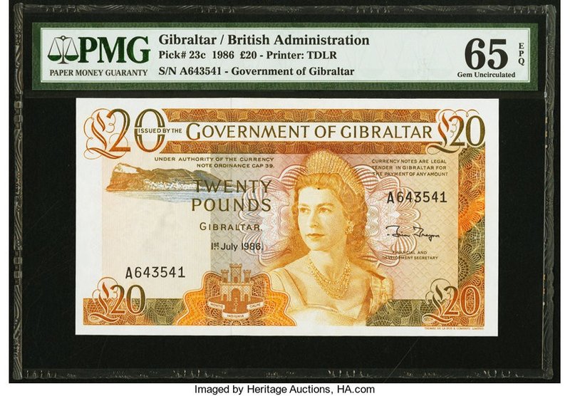 Gibraltar Government of Gibraltar 20 Pounds 1.7.1986 Pick 23c PMG Gem Uncirculat...