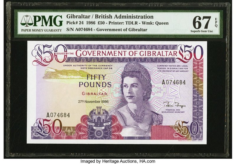 Gibraltar Government of Gibraltar 50 Pounds 27.11.1986 Pick 24 PMG Superb Gem Un...