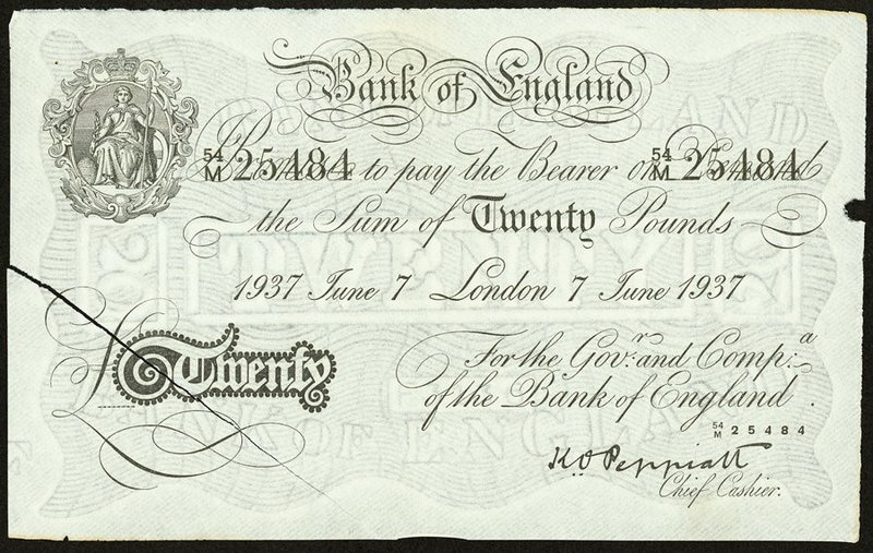 Great Britain Operation Bernhard Counterfeit 20 Pounds 7.7.1937 Pick 337Ba Extre...