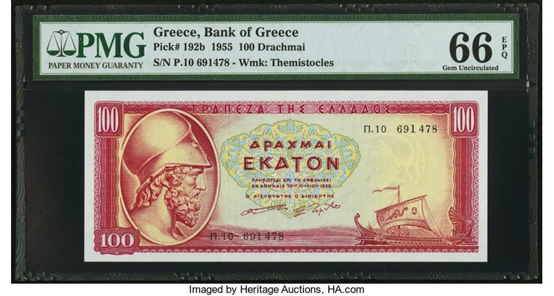 Greece Bank of Greece 100 Drachmai 1955 Pick 192b PMG Gem Uncirculated 66 EPQ. 
...