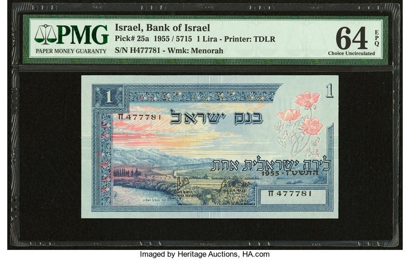 Israel Bank of Israel 1 Lira 1955 Pick 25a PMG Choice Uncirculated 64 EPQ. 

HID...