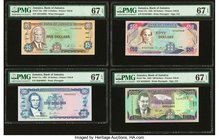 Jamaica Bank of Jamaica Lot Of Four PMG Graded Examples. 5 Dollars 1.1.1985 Pick 70a PMG Superb Gem Unc 67 EPQ; 100 Dollars 1.3.1994 Pick 76a PMG Supe...