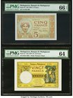 Madagascar Banque de Madagascar 5; 20 Francs ND (1937); ND (1937-47) Pick 35; 37 Two Examples PMG Gem Uncirculated 66 EPQ; Choice Uncirculated 64. 

H...