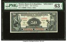 Mexico Banco de la Republica 50 Pesos 1918 Pick 14s M321s Specimen PMG Choice Uncirculated 63 EPQ. Three POCs.

HID09801242017