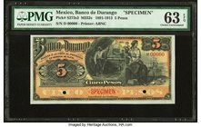 Mexico Banco de Durango 5 Pesos 1891-1913 Pick S273s3 M332s Specimen PMG Choice Uncirculated 63 EPQ. Two POCs.

HID09801242017