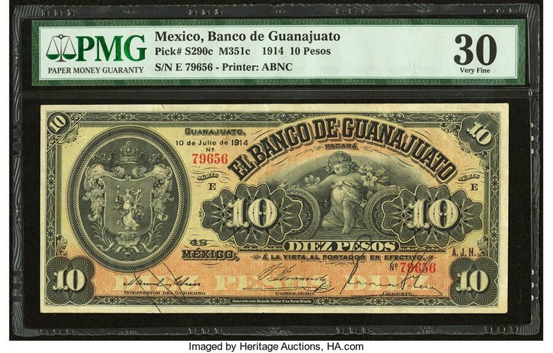 Mexico Banco de Guanajuato 10 Pesos 10.7.1914 Pick S290c M351c PMG Very Fine 30....