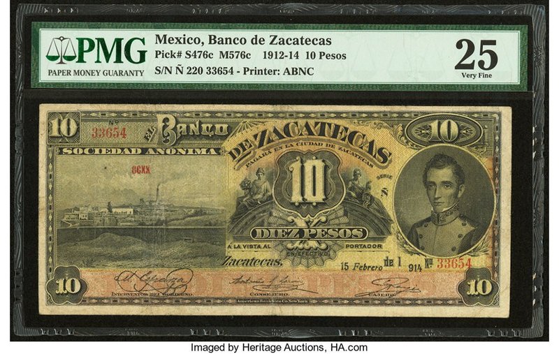 Mexico Banco De Zacatecas 10 Pesos 15.2.1914 Pick S476c M576c PMG Very Fine 25. ...