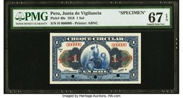 Peru Cheques Circular 1 Sol 14.9.1918 Pick 40s Specimen PMG Superb Gem Unc 67 EPQ. Three POCs.

HID09801242017