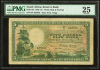 South Africa South African Reserve Bank 5 Pounds 2.4.1928 Pick 85 PMG Very Fine 25. A scarce Clegg signed example from the third issue. Dutch "ZuidAfr...