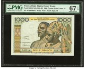 West African States Banque Centrale des Etats de L'Afrique de L'Ouest - Cote d'Ivoire 1000 Francs ND (1959-65) Pick 103Aj PMG Superb Gem Unc 67 EPQ. 
...