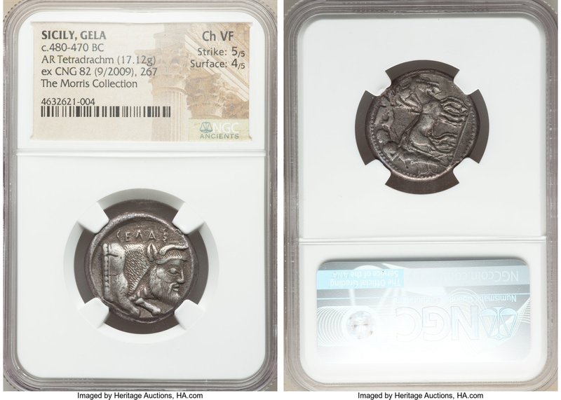 SICILY. Gela. Ca. 480-470 BC. AR tetradrachm (24mm, 17.12 gm, 4h). NGC Choice VF...