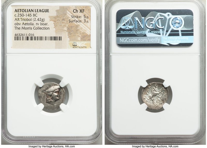 AETOLIAN LEAGUE. Ca. 250-145 BC. AR triobol (16mm, 2.42 gm, 10h). NGC Choice XF ...