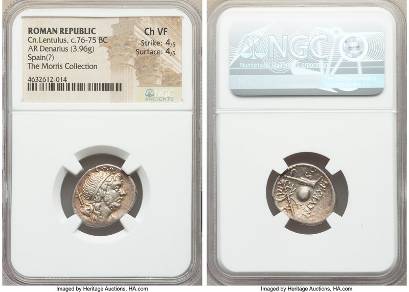 Cn. Cornelius Lentulus (ca. 76-75 BC). AR denarius (19mm, 3.96 gm, 10h). NGC Cho...
