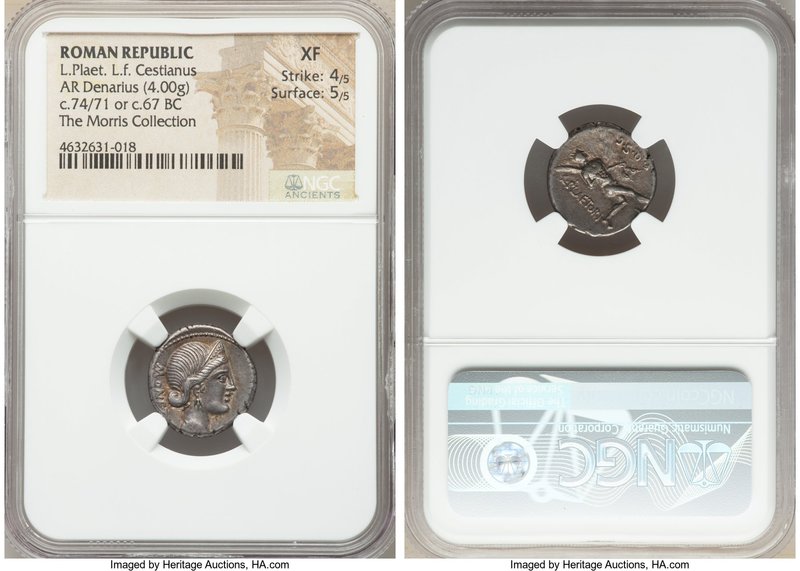L. Plaetorius L.f. Cestianus (ca. 74/71 or 67 BC). AR denarius (16mm, 4.00 gm, 5...