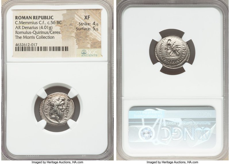 C. Memmius C.f. (ca. 56 BC). AR denarius (18mm, 4.01 gm, 6h). NGC XF 4/5 - 5/5. ...