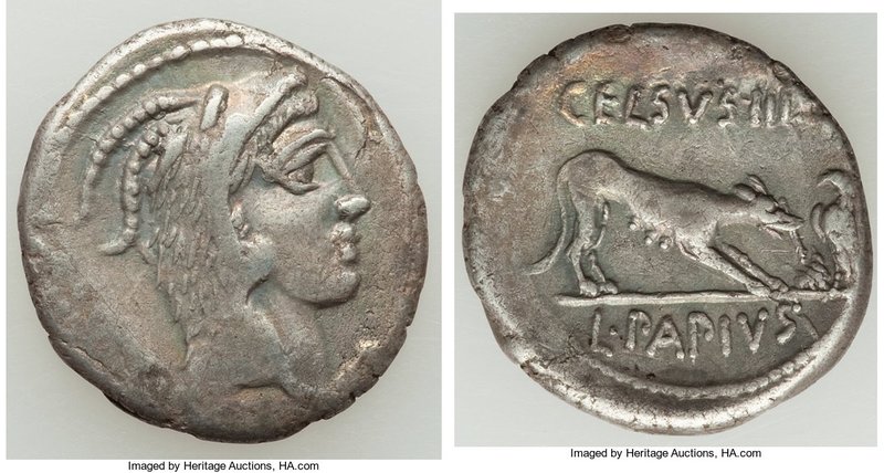 L. Papius Celsus (ca. 45 BC). AR denarius (17mm, 3.64 gm, 8h). VF. Head of Juno ...