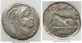 L. Papius Celsus (ca. 45 BC). AR denarius (17mm, 3.64 gm, 8h). VF. Head of Juno Sospita right wearing goat skin headdress / CELSVS•III•VIR, she-wolf c...