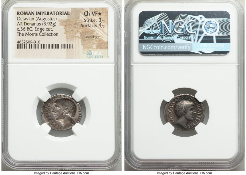 Octavian, as Triumvir (43-32 BC). AR denarius (20mm, 3.92 gm, 12h). NGC Choice V...