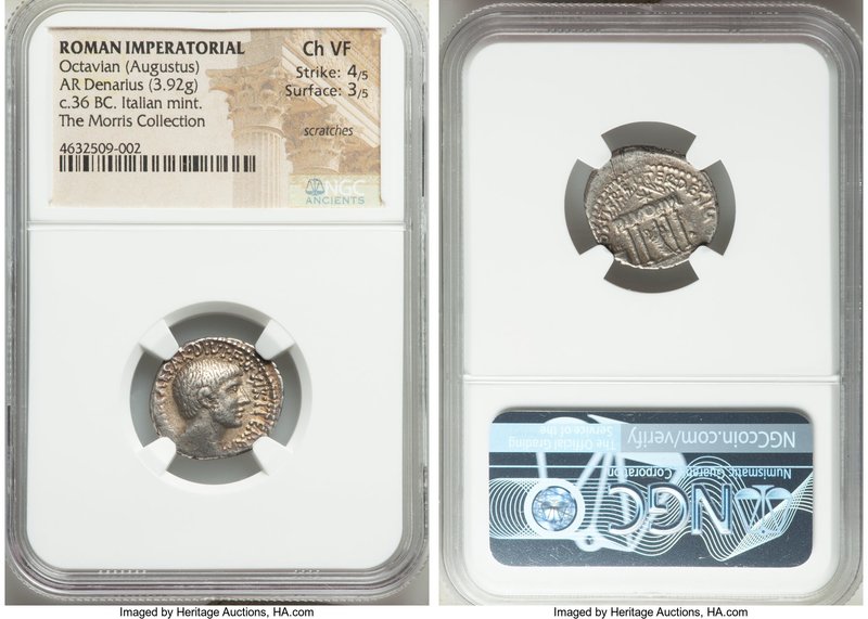 Octavian, as Triumvir (43-32 BC). AR denarius (18mm, 3.92 gm, 5h). NGC Choice VF...