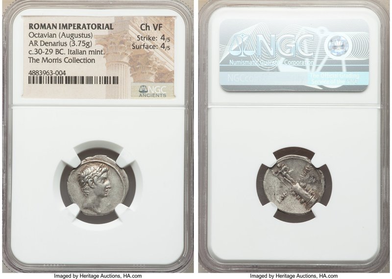 Octavian, as Sole Imperator (31-27 BC). AR denarius (19mm, 3.75 gm, 10h). NGC Ch...