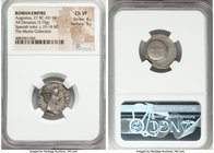 Augustus (27 BC-AD 14). AR denarius (18mm, 3.75 gm, 6h). NGC Choice VF 4/5 - 5/5. Spain, Caesaraugusta, 19-18 BC. CAESAR-AVGVSTVS, bare head of August...