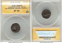 Augustus (27 BC-AD 14). AR denarius (19mm, 5h). ANACS EF 40. Spain, Colonia Patricia, 18 BC. S•P•Q•R•PARENT / CONS•SVO, toga picta over tunica palmata...