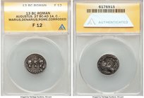 Augustus (27 BC-AD 14) AR denarius (18mm, 10h). ANACS Fine 12, corroded. C. Marius C.f. Tromentina, moneyer. Rome, 13 BC. III-VIR above bare heads of ...