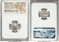Augustus (27 BC-AD 14). AR denarius (18mm, 3.83 gm, 6h). NGC Choice VF 4/5 - 4/5. Lugdunum, 8 BC. DIVI•F-AVGVSTVS, laureate head of Augustus right / C...