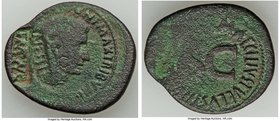 Augustus (27 BC-AD 14) AE as (31mm, 9.21 gm, 6h). VF, countermarks. Rome, M. Maecilius Tullus, moneyer, 7 BC. CAESAR AVGVST PONT MAX TRIBVNI-C POT, ba...