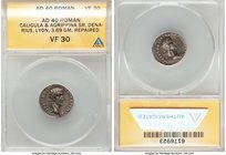 Caligula (AD 37-41), with Agrippina Senior. AR denarius (18mm, 3.69 gm, 5h). ANACS VF 30, repaired. Rome, AD 40. C CAESAR•AVG•PON•M•TR•POT•III•COS•III...
