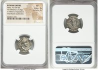 Nero (AD 54-68). AR denarius (19mm, 3.36 gm, 6h). NGC XF 4/5 - 4/5. Rome, ca. AD 64-65. NERO CAESAR-AVGVSTVS, laureate head of Nero right / AVGVS-TVS-...