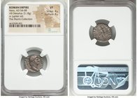 Nero (AD 54-68). AR denarius (18mm, 3.18 gm, 5h). NGC VF 4/5 - 4/5. Rome, ca. AD 64-65. NERO CAESAR-AVGVSTVS, laureate head of Nero right / IVPPITER-C...