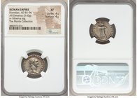 Domitian, as Augustus (AD 81-96). AR denarius (19mm, 3.42 gm, 6h). NGC XF 4/5 - 4/5. Rome, AD 85. IMP CAES DOMIT AVG GERM PM TR P V, laureate head of ...