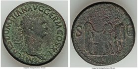 Domitian, as Augustus (AD 81-96). AE sestertius (32mm, 22.51 gm, 5h). Good VF. Rome, AD 85. IMP CAES DOMITIAN AVG GERM COS XI, laureate head of Domiti...