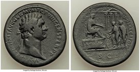 Domitian, as Augustus (AD 81-96). AE sestertius (35mm, 24.60 gm, 7h). VF. Rome, AD 88. IMP CAES DOMIT AVG GERM P M TR P VIII CENS PER P P, laureate he...