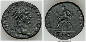 Trajan (AD 98-117). AE dupondius (27mm, 7h). XF. Rome, AD 98-99. IMP CAES NERVA TRAIAN AVG GERM P M, radiate head of Trajan right / TR POT-COS II, Abu...